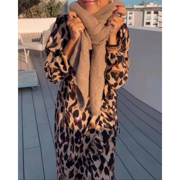 Lisandra | Women's Long Sleeve Midi Leopard Print Elegant Dress with V-Neck