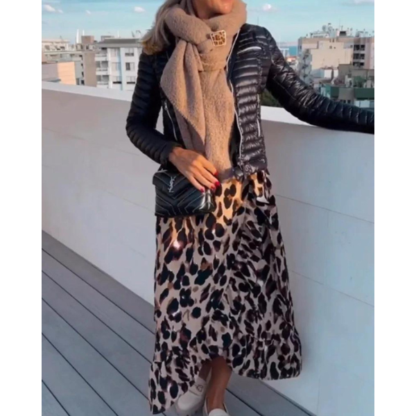 Lisandra | Women's Long Sleeve Midi Leopard Print Elegant Dress with V-Neck