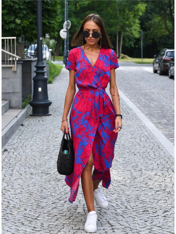 Vada - Sunset Stroll V-Neck Slit Print Dress