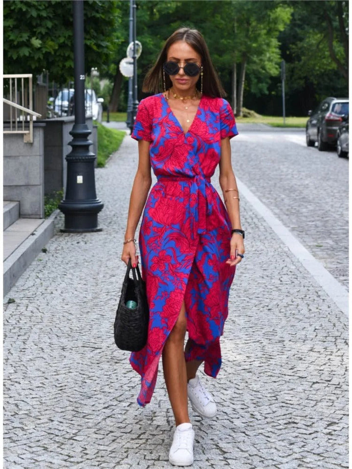 Vada | Women's Sunset Stroll V-Neck Slit Print Dress with Side Slit