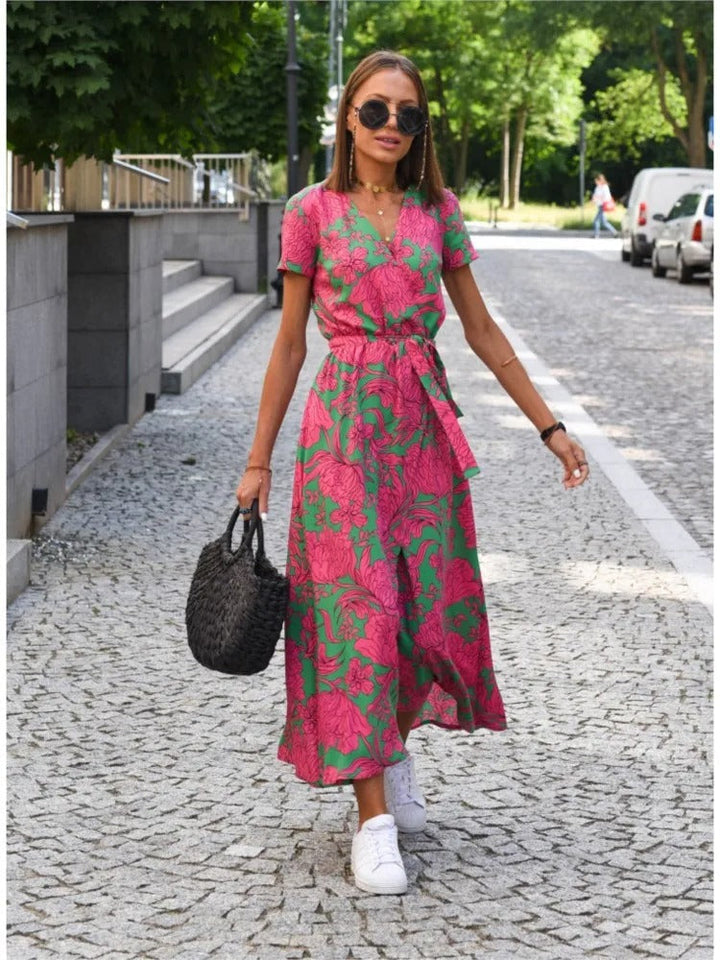 Vada | Women's Sunset Stroll V-Neck Slit Print Dress with Side Slit