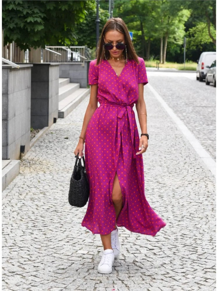 Vada | Women's Sunset Stroll V-Neck Slit Print Dress with Side Slit