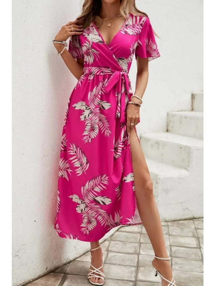 Lucille | Women's Mini Printed V-Neck Split Beach Vacation Dress