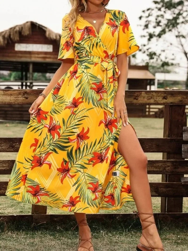 Lucille | Women's Mini Printed V-Neck Split Beach Vacation Dress