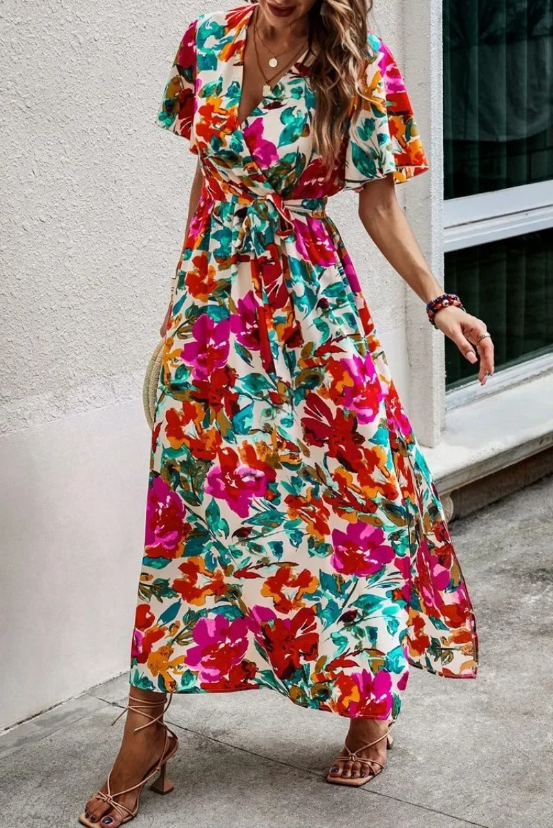 Lucille | Women's Mini Printed V-Neck Split Beach Vacation Dress