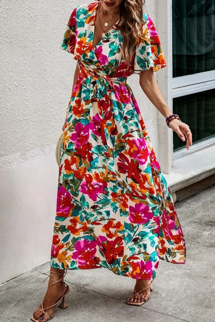 Lucille | Women's Mini Printed V-Neck Split Beach Vacation Dress