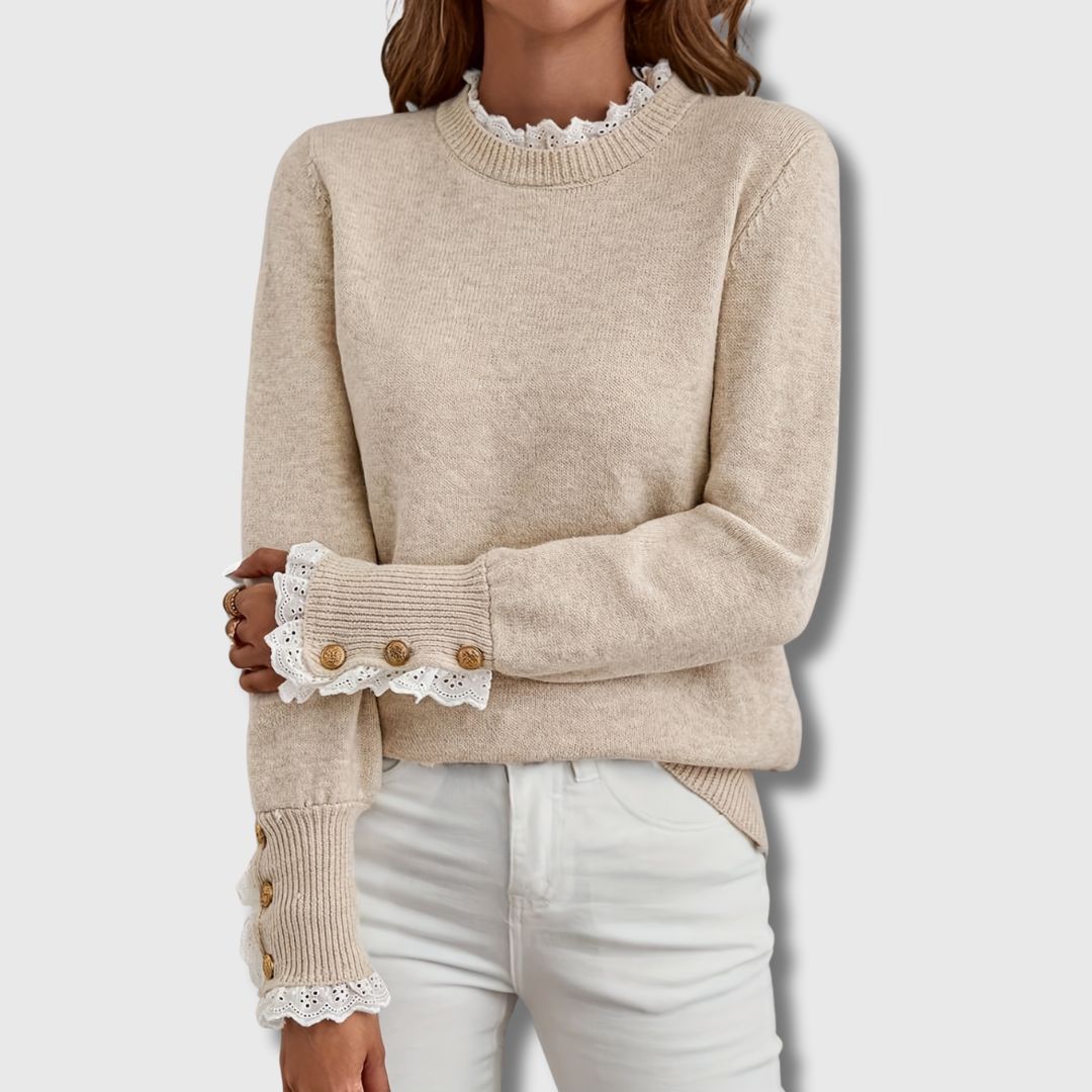 Odalys | Women's Round Neck Lace Sweater with Buttons