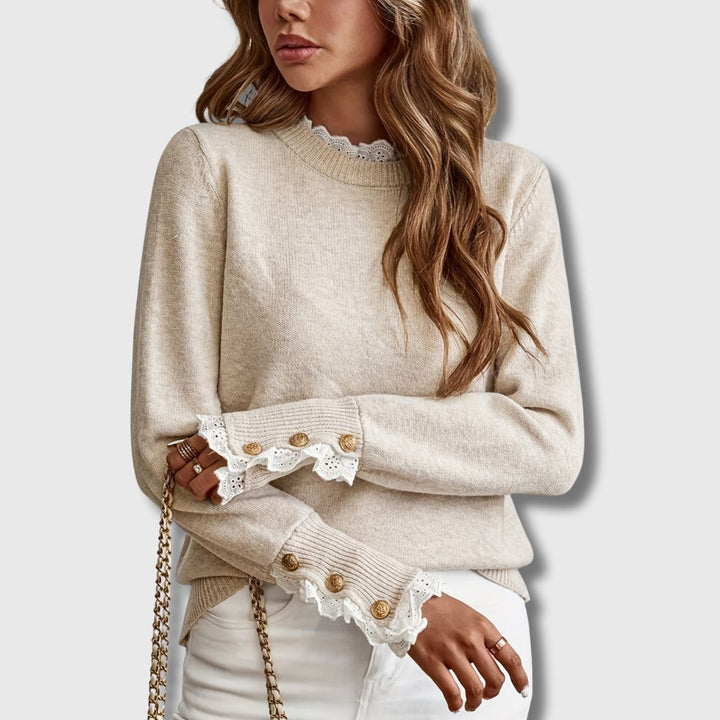 Odalys | Women's Round Neck Lace Sweater with Buttons