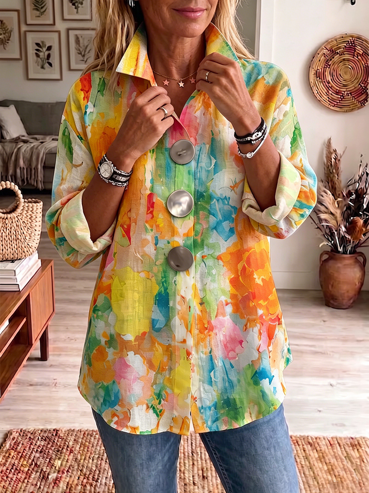 Metal-Button Shirt with Artistic Watercolor Palette Print