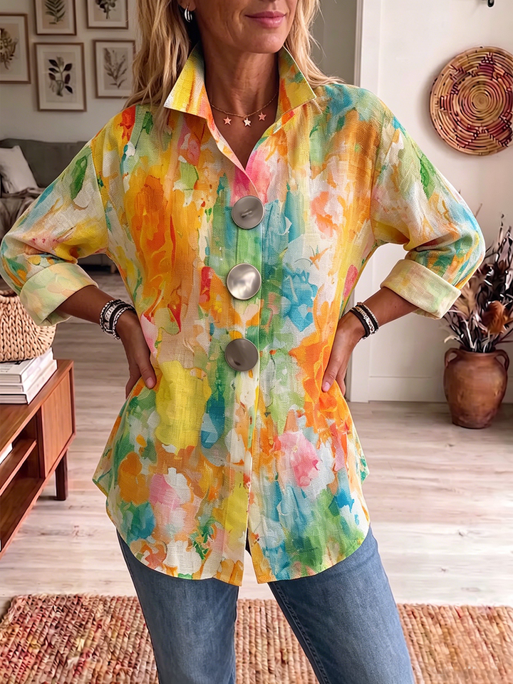 Metal-Button Shirt with Artistic Watercolor Palette Print