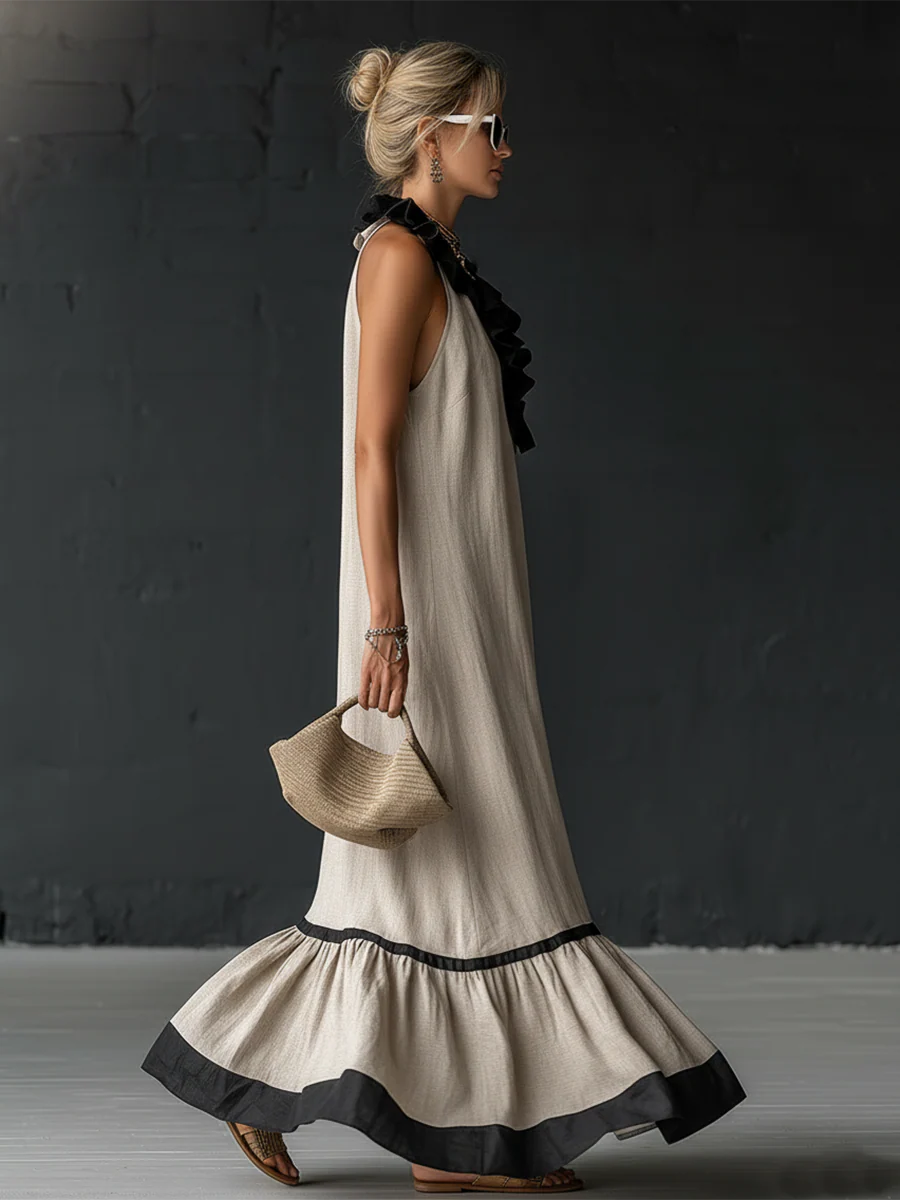 Women's Sleeveless Maxi Dress with Pockets and Ruffle Hem