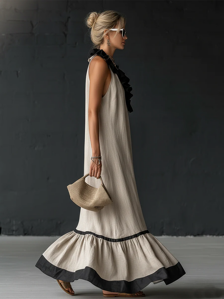 Women's Sleeveless Maxi Dress with Pockets and Ruffle Hem