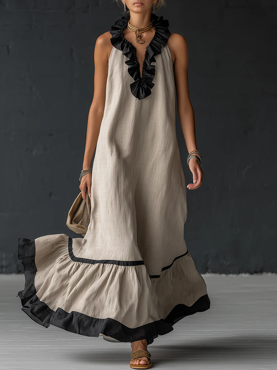 Women's Sleeveless Maxi Dress with Pockets and Ruffle Hem