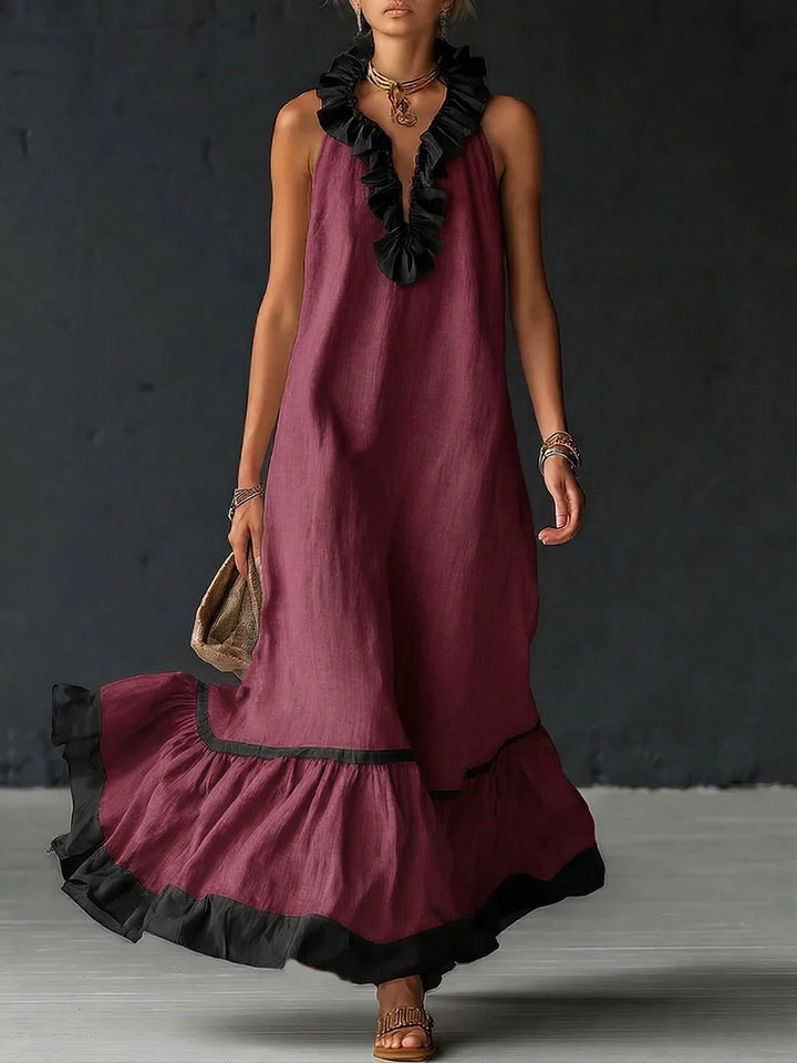 Women's Sleeveless Maxi Dress with Pockets and Ruffle Hem