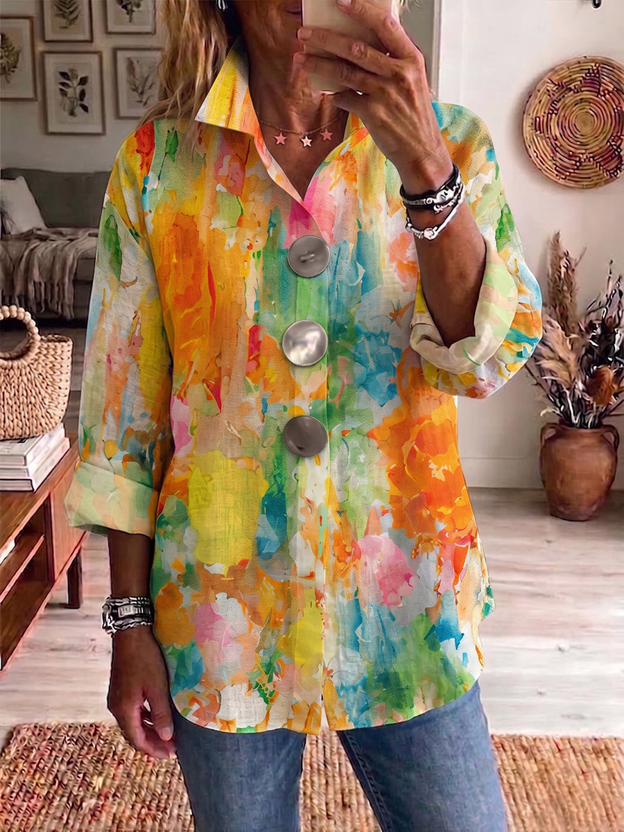 Metal-Button Shirt with Artistic Watercolor Palette Print