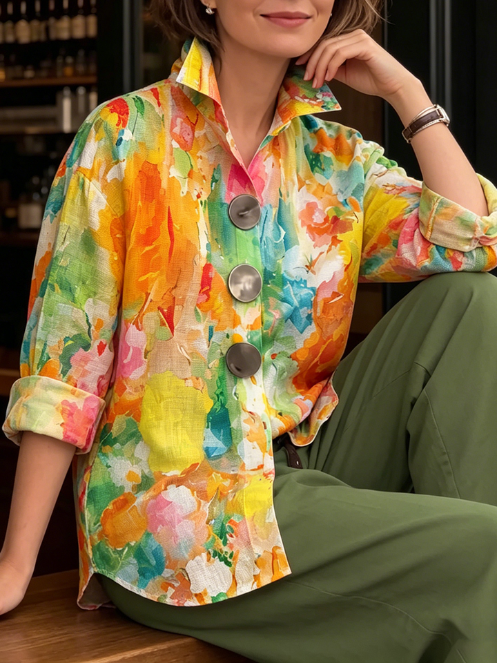Metal-Button Shirt with Artistic Watercolor Palette Print