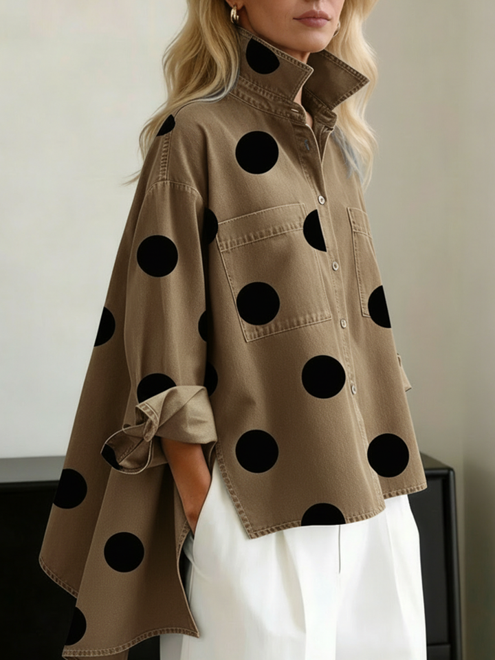 Polka Dot Long Sleeve Top with Pockets and Buttons