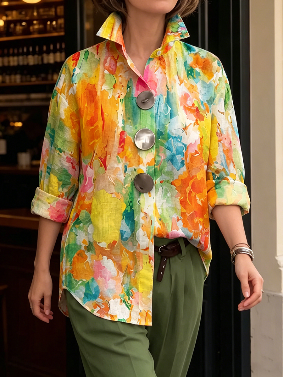 Metal-Button Shirt with Artistic Watercolor Palette Print