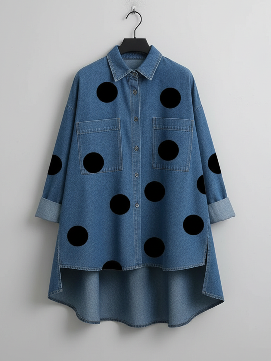 Polka Dot Long Sleeve Top with Pockets and Buttons