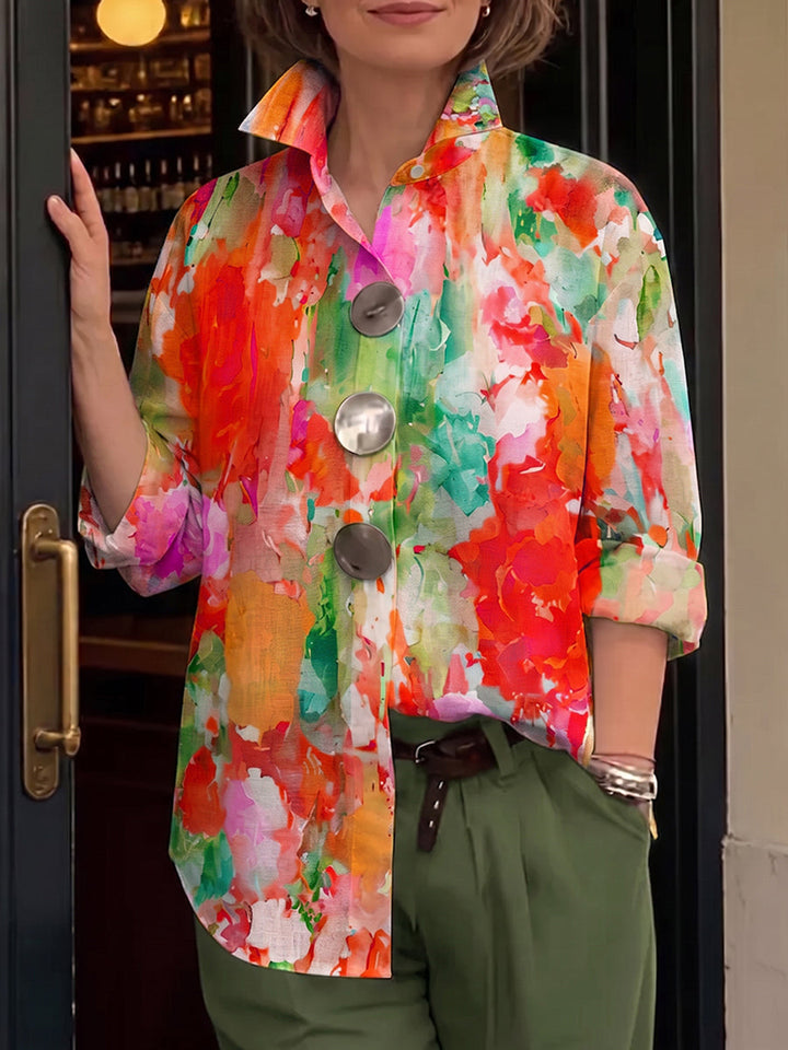 Metal-Button Shirt with Artistic Watercolor Palette Print