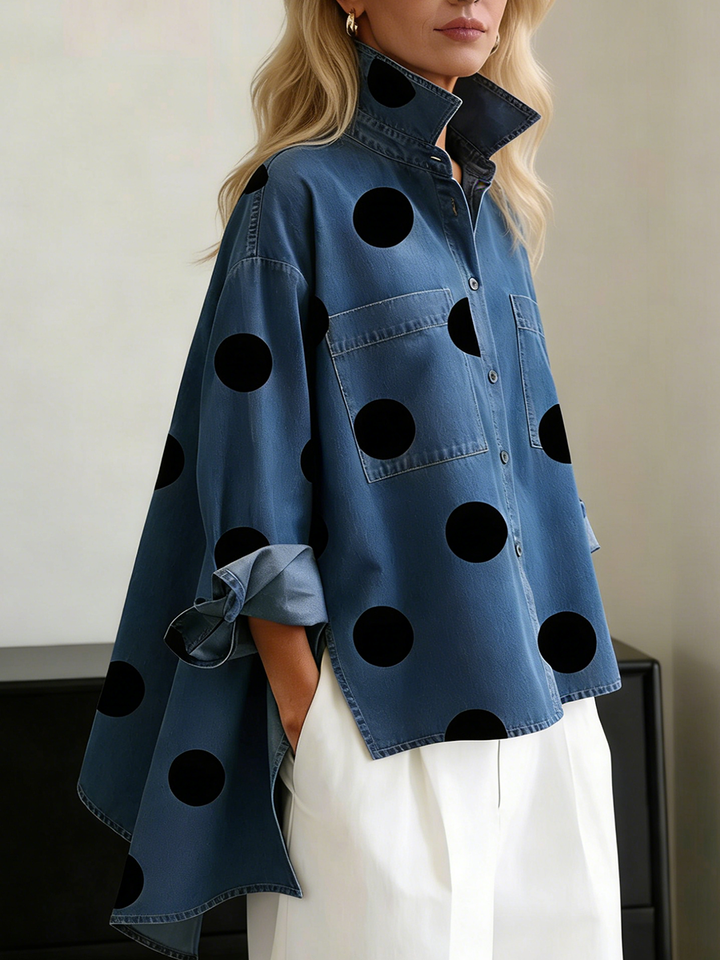 Polka Dot Long Sleeve Top with Pockets and Buttons
