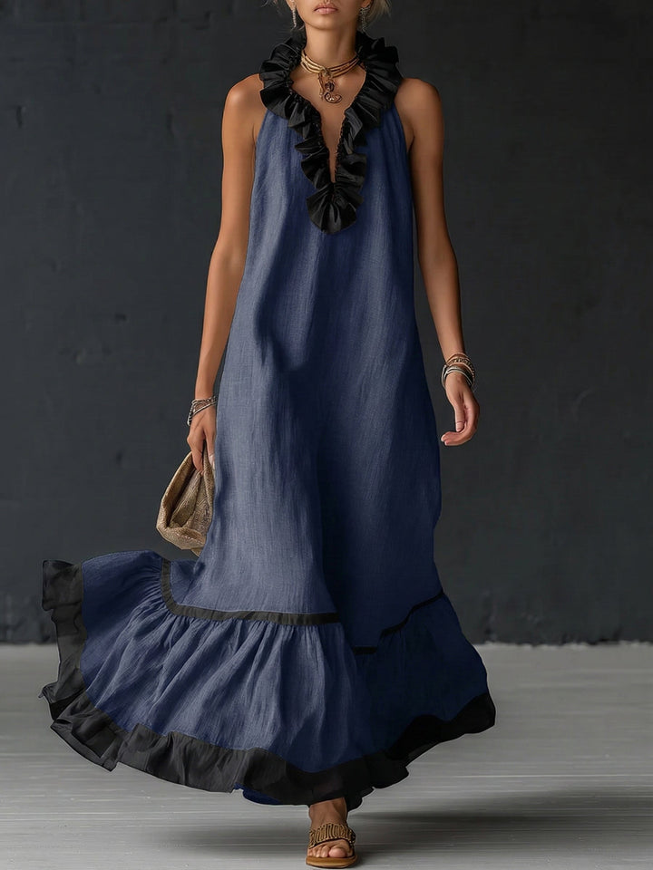 Women's Sleeveless Maxi Dress with Pockets and Ruffle Hem