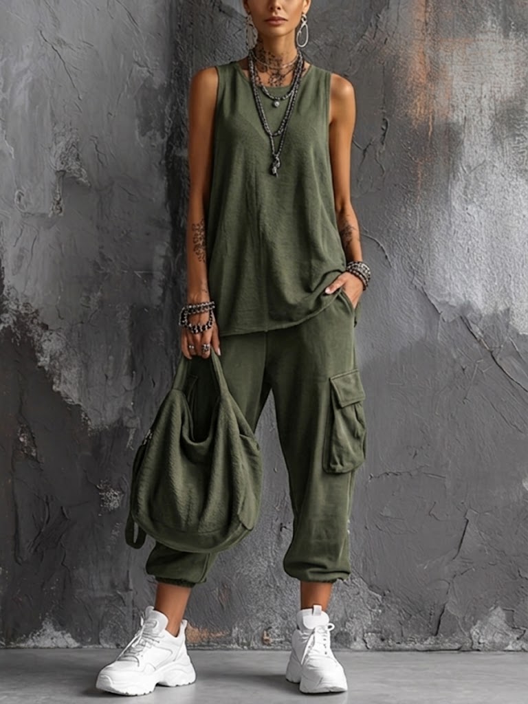 Valentina | Women's Sleeveless V-Neck Set with Pockets