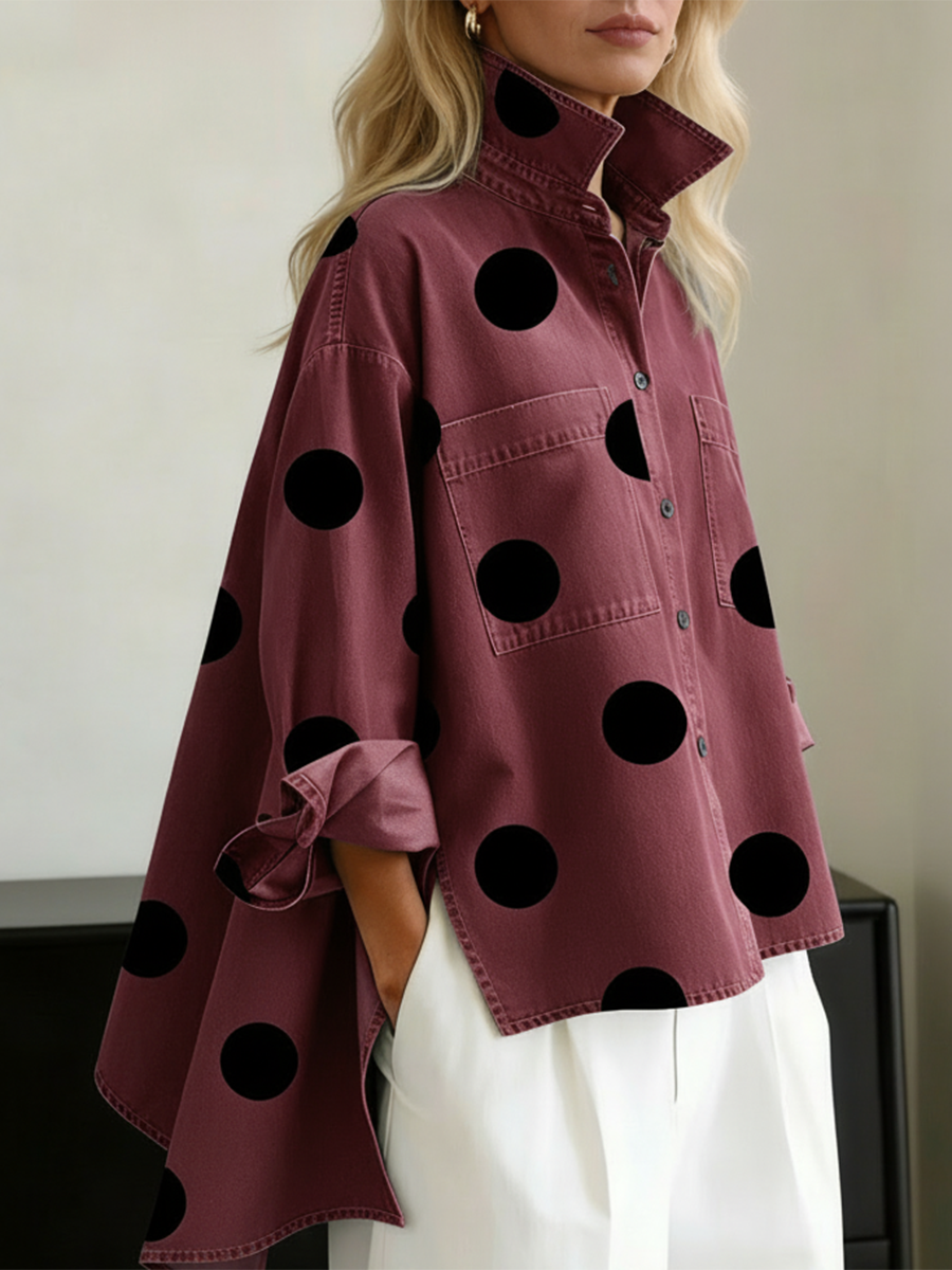 Polka Dot Long Sleeve Top with Pockets and Buttons