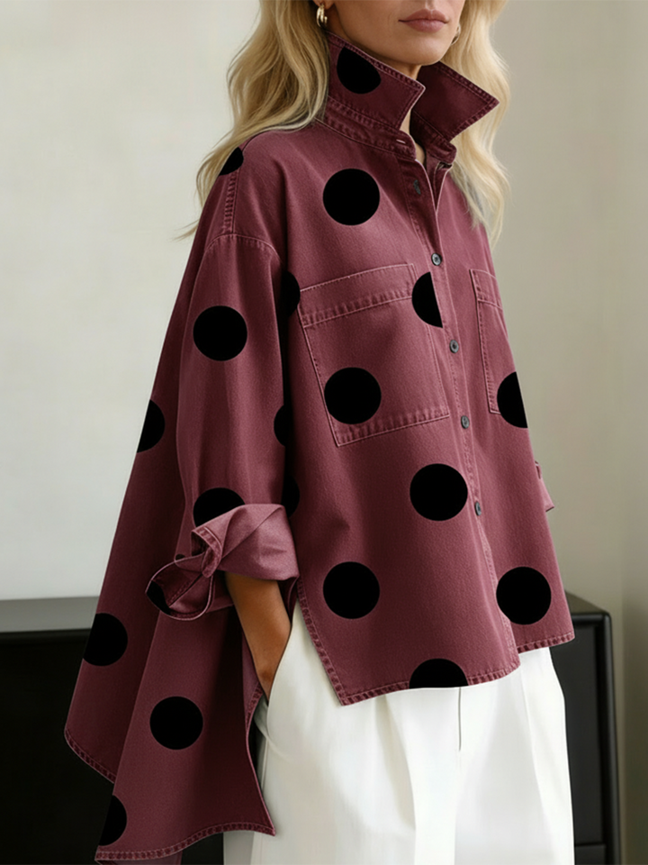 Polka Dot Long Sleeve Top with Pockets and Buttons