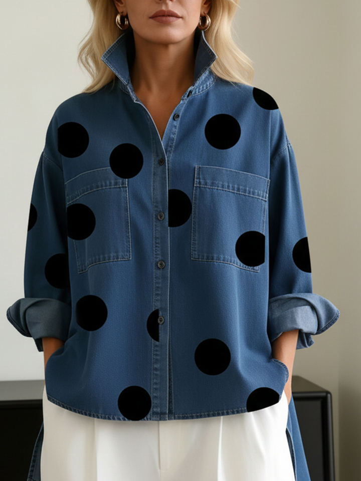 Polka Dot Long Sleeve Top with Pockets and Buttons
