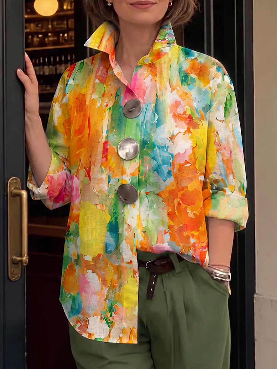 Metal-Button Shirt with Artistic Watercolor Palette Print