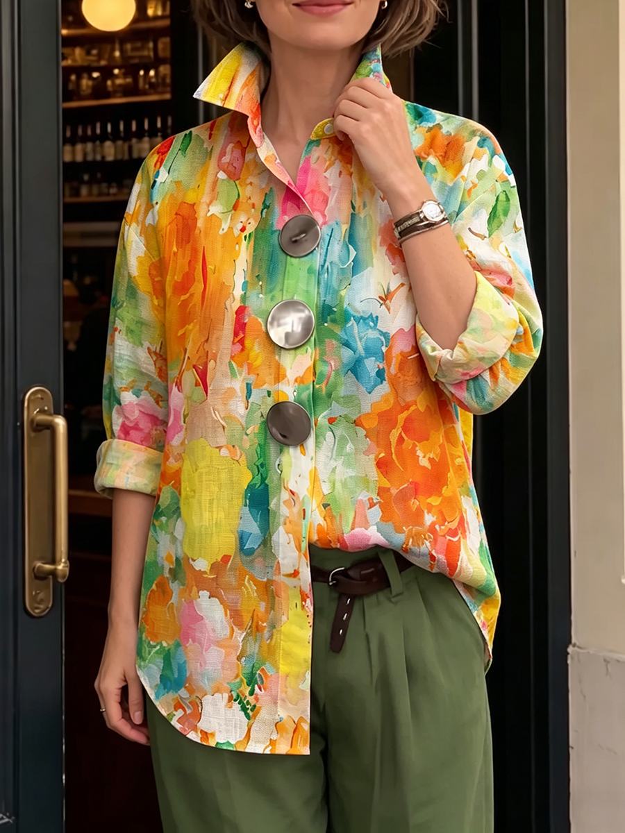 Metal-Button Shirt with Artistic Watercolor Palette Print