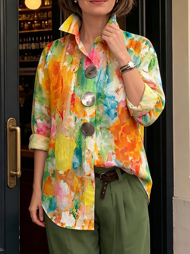 Metal-Button Shirt with Artistic Watercolor Palette Print