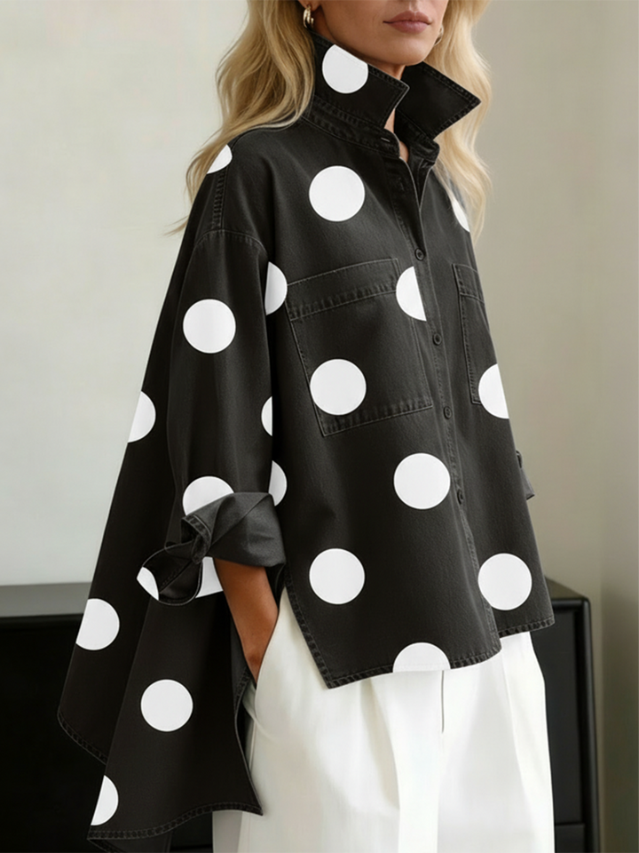 Polka Dot Long Sleeve Top with Pockets and Buttons