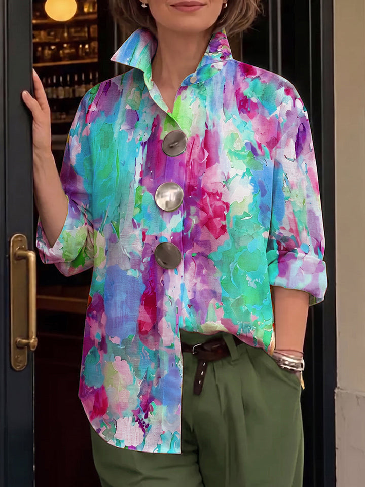 Metal-Button Shirt with Artistic Watercolor Palette Print