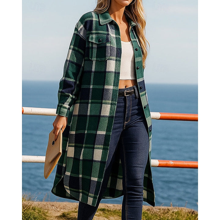 Women's Longline Checked Coat with Buttons and Pockets