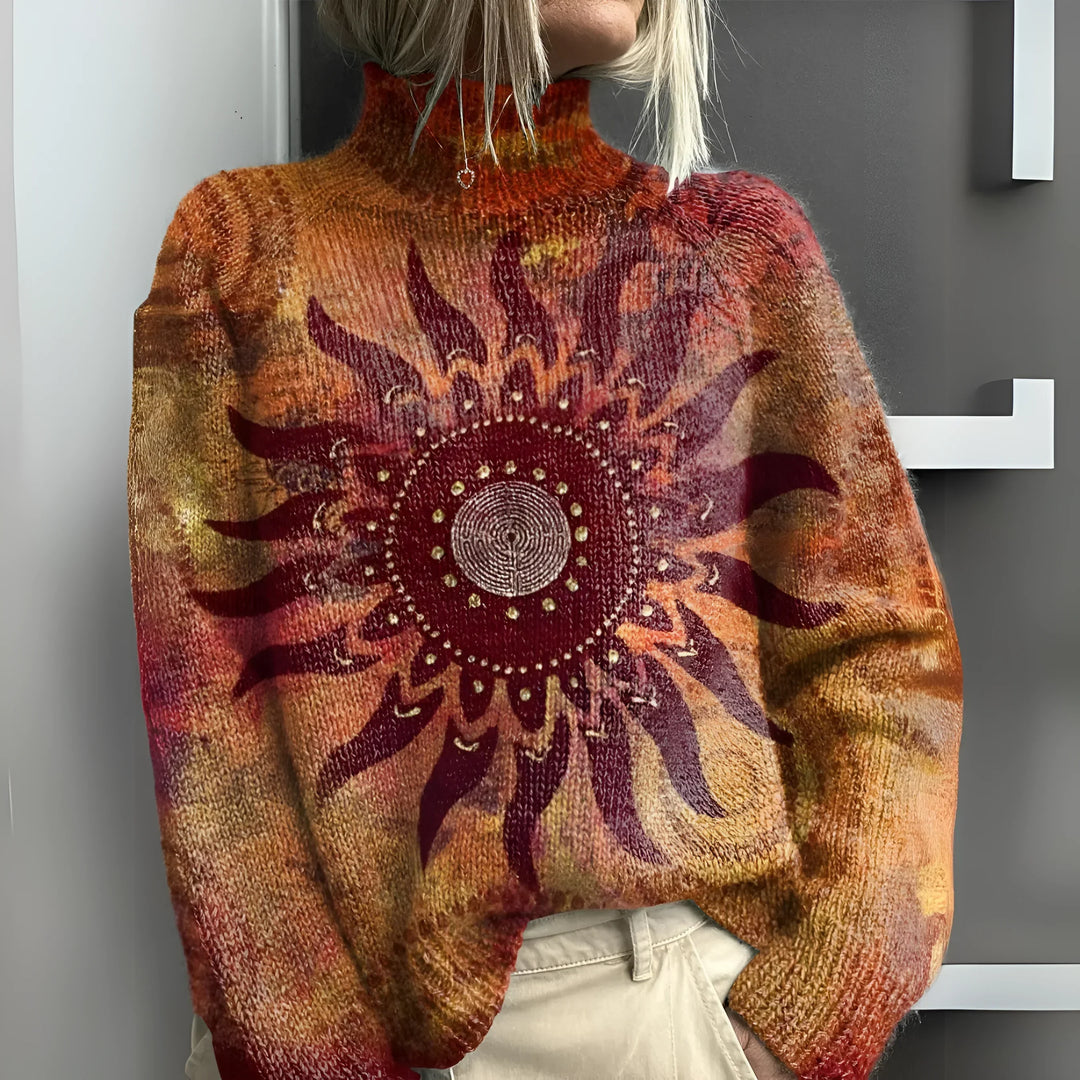 Harlow | Women's Warm turtleneck sweater with tribal sun motif