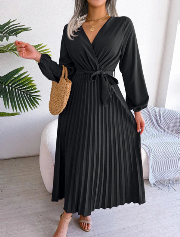 Naomi | Women's Long Sleeve V-Neck Midi Pleated Dress for Special Occasions with Belt