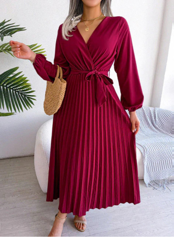 Naomi | Women's Long Sleeve V-Neck Midi Pleated Dress for Special Occasions with Belt
