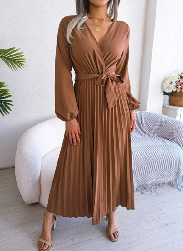 Naomi | Women's Long Sleeve V-Neck Midi Pleated Dress for Special Occasions with Belt