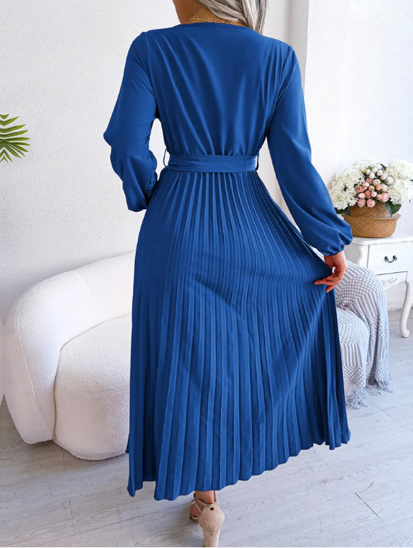 Naomi | Women's Long Sleeve V-Neck Midi Pleated Dress for Special Occasions with Belt