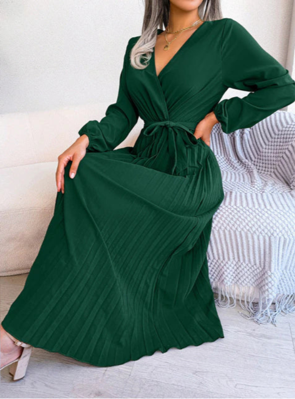 Naomi | Women's Long Sleeve V-Neck Midi Pleated Dress for Special Occasions with Belt