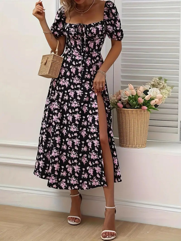 Mirella | Women's Puff Sleeve Mini Floral Dress with Side Slit