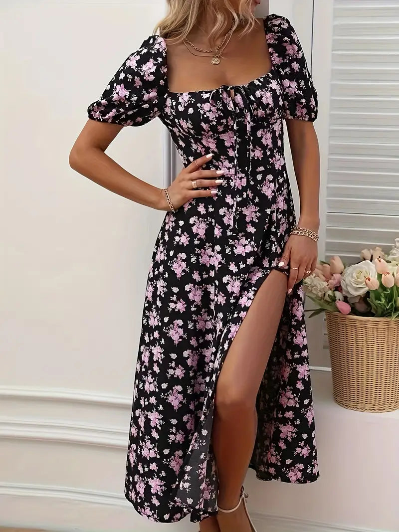 Mirella | Women's Puff Sleeve Mini Floral Dress with Side Slit