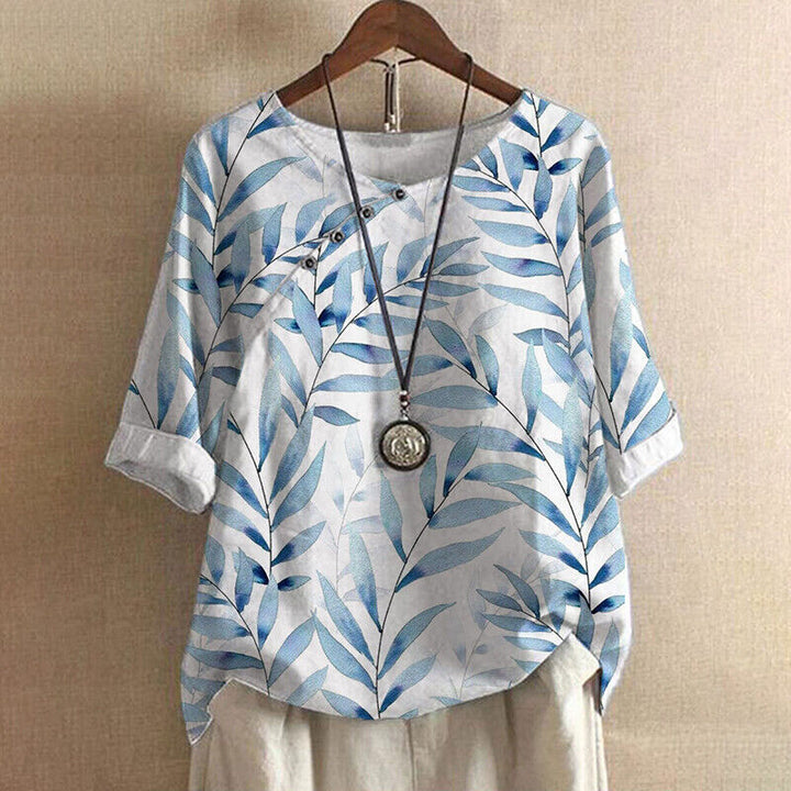 Claudine™ – Leaf Print Button Detail Blouse