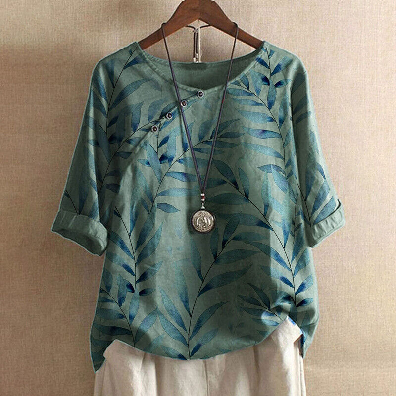 Claudine™ – Leaf Print Button Detail Blouse