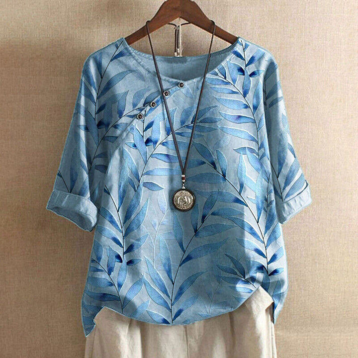 Claudine™ – Leaf Print Button Detail Blouse