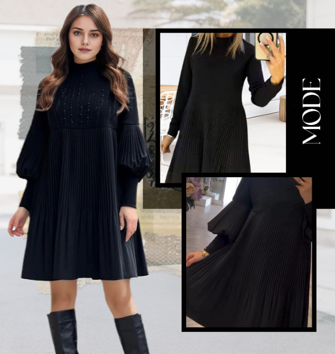Marlene | Women's Mini Plus-Size Dress with Stand Collar and Lantern Sleeves