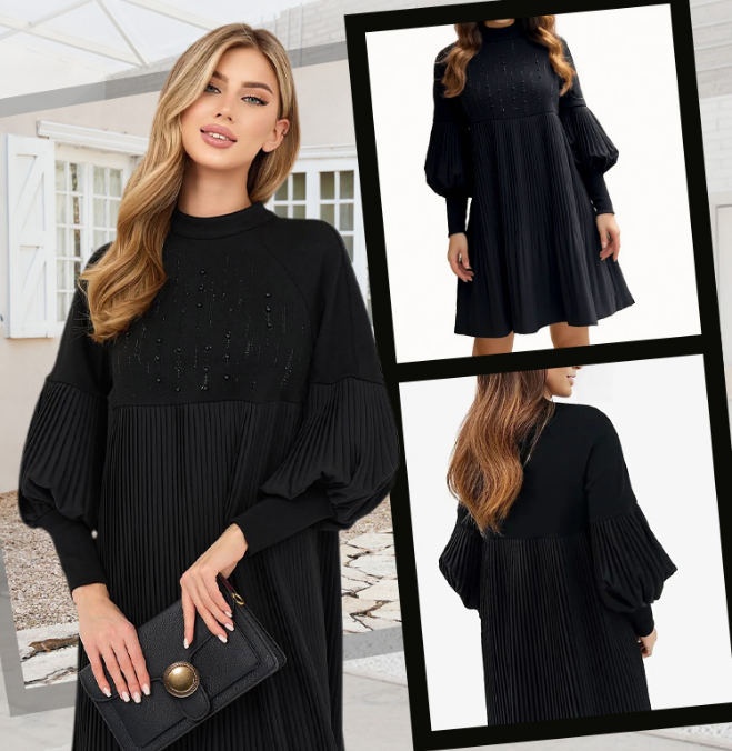 Marlene | Women's Mini Plus-Size Dress with Stand Collar and Lantern Sleeves
