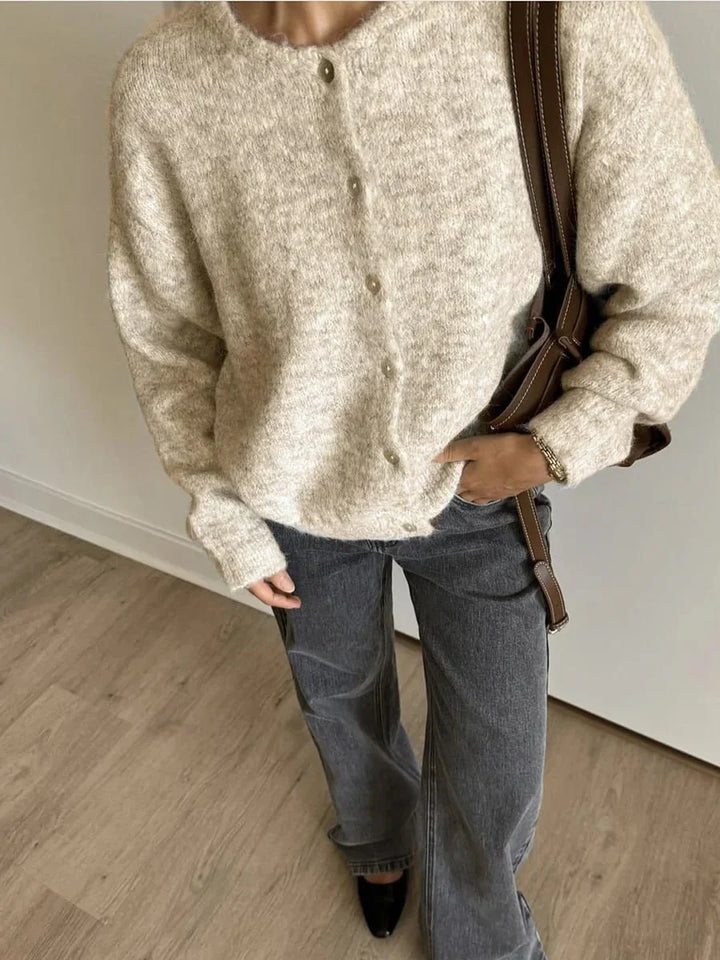 Women's Round Neck Cardigan with Long Sleeves and Buttons